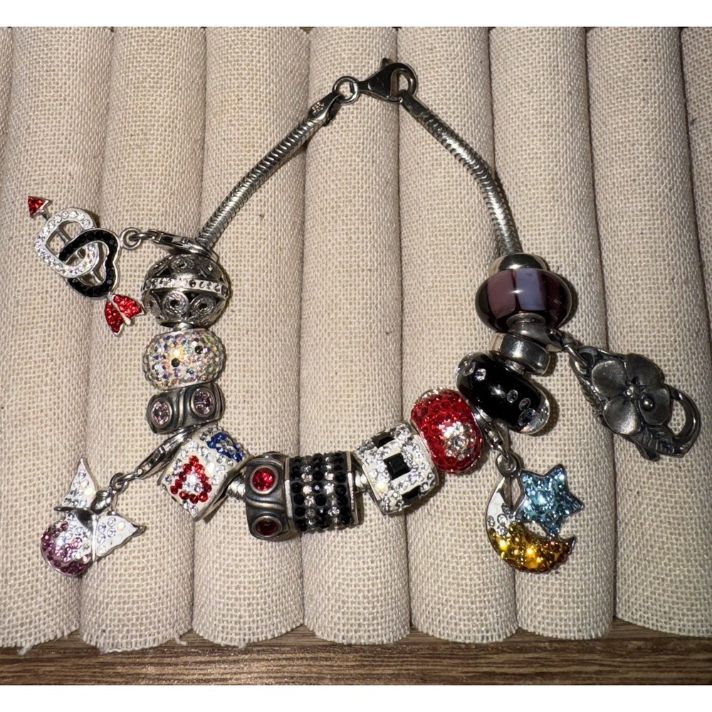 Lot of 16 Sterling Silver Charms RCI Bracelet LAA Beads .925 50 grams Rhinestone